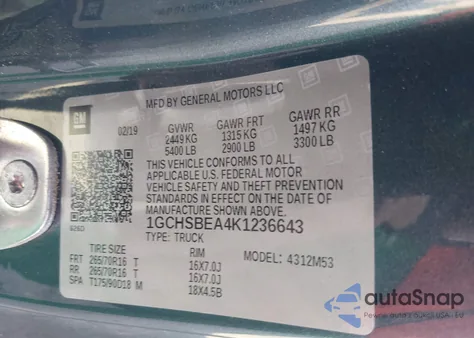 2019 Chevrolet Colorado Wt из США, поврежденный, VIN 1GCHSBEA4K1236643